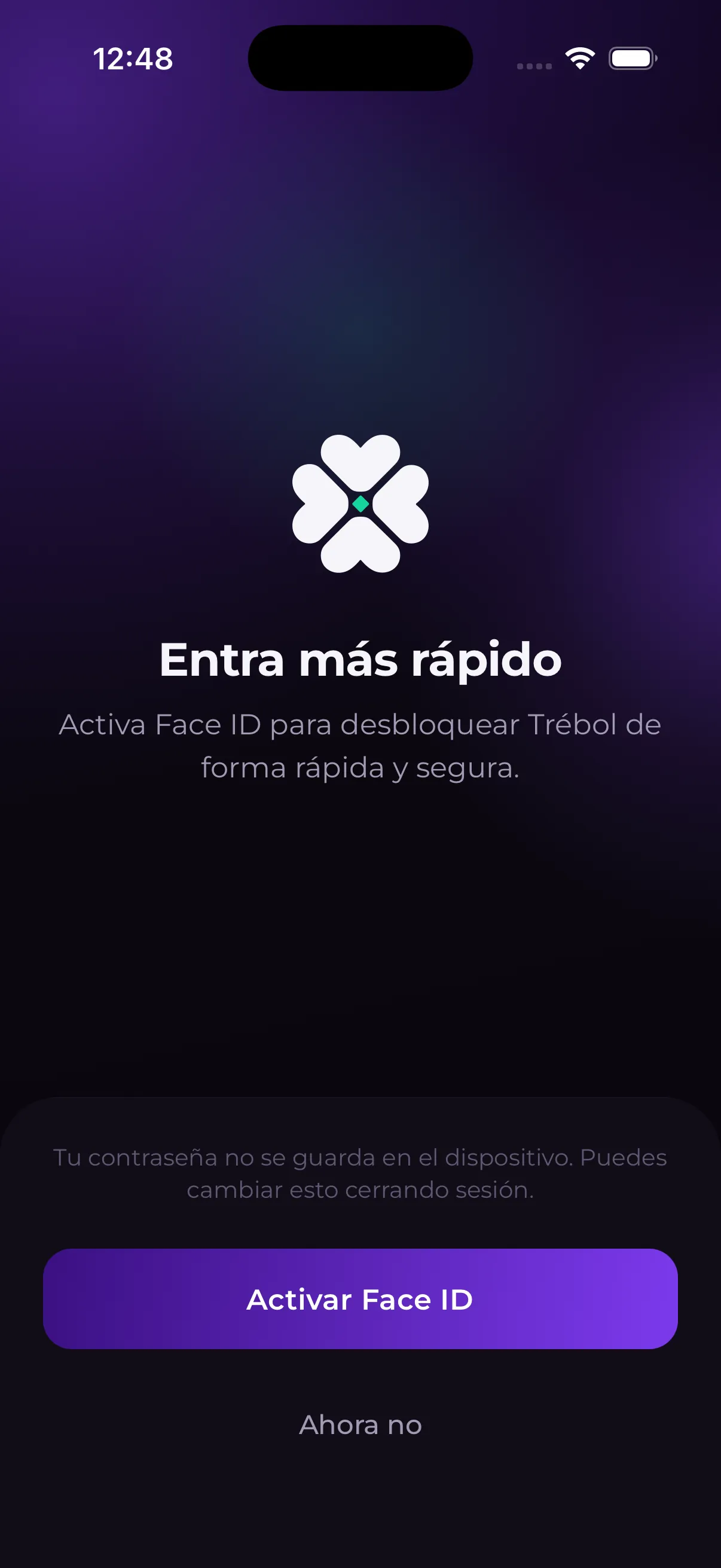 Trébol ofrece activar Face ID para entrar más rápido.