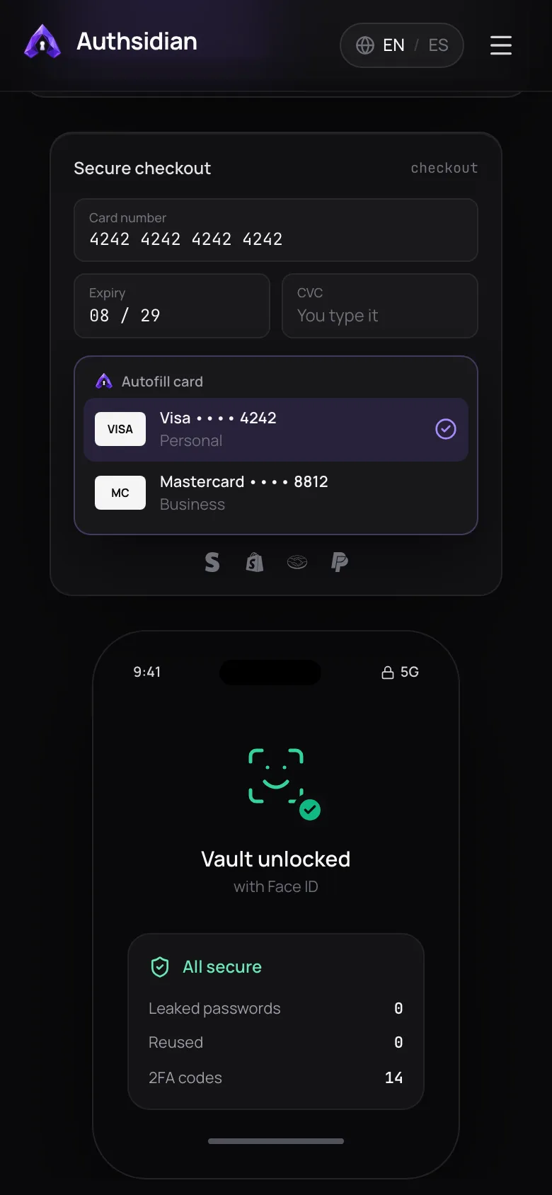 authsidian.com: autocompletado de tarjetas en un pago seguro.